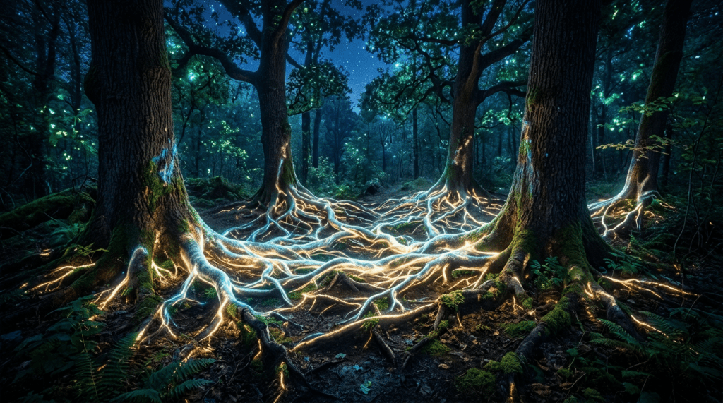 Tree roots glowing with light in a dark forest under a starry sky